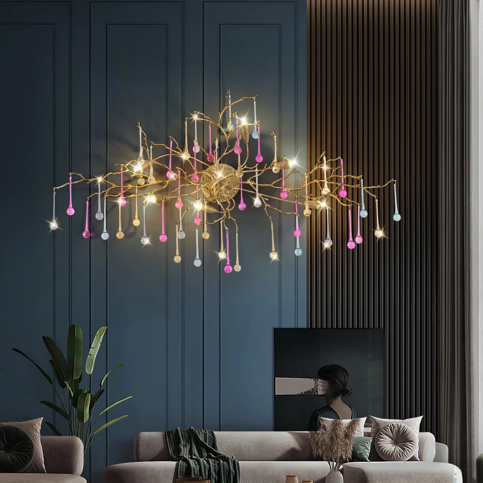 Bijout wall lamp displayed in contemporary living room with blue striped wall panels and warm lighting