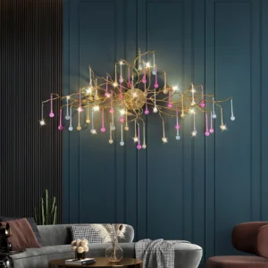 Bijout wall lamp installed in modern luxury living room with teal wall panels, ambient warm lighting