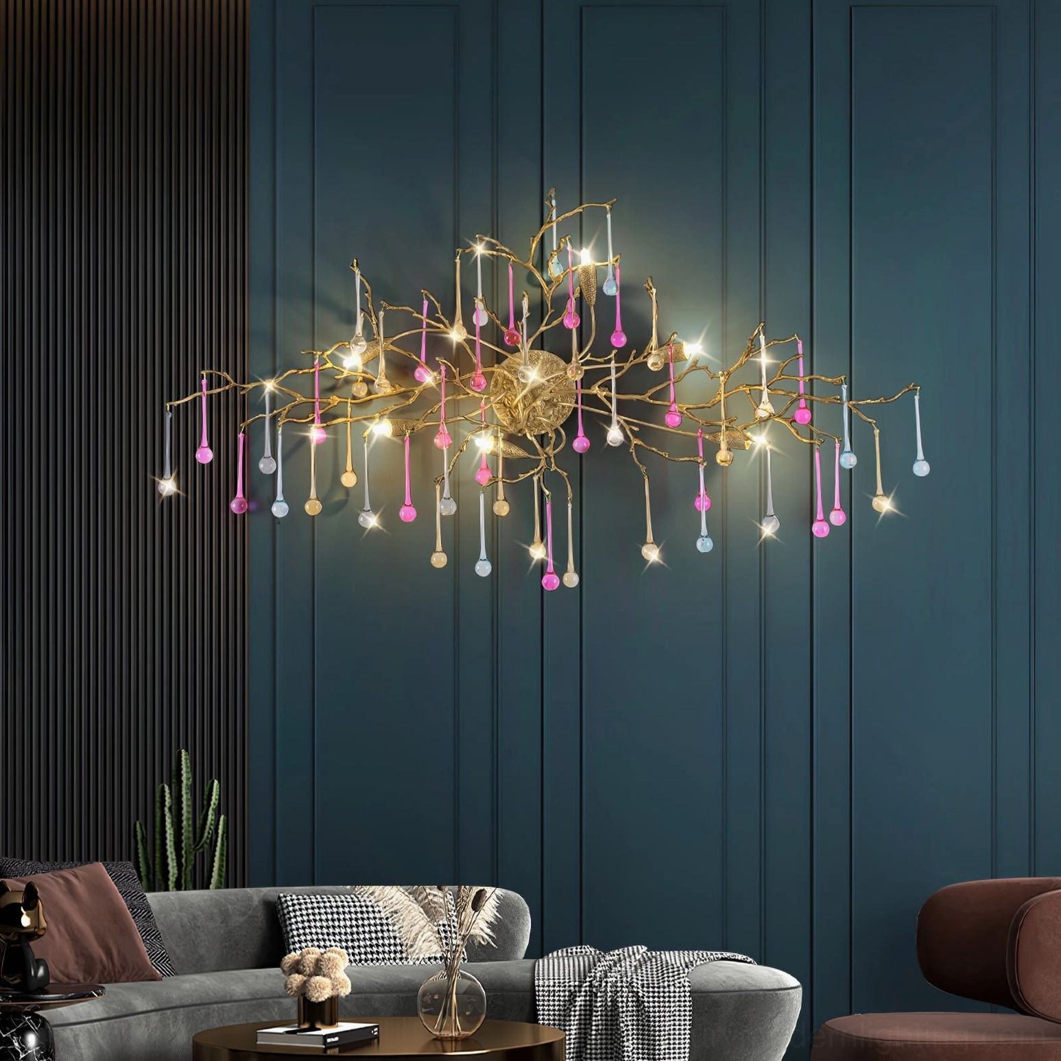 Bijout wall lamp installed in modern luxury living room with teal wall panels, ambient warm lighting