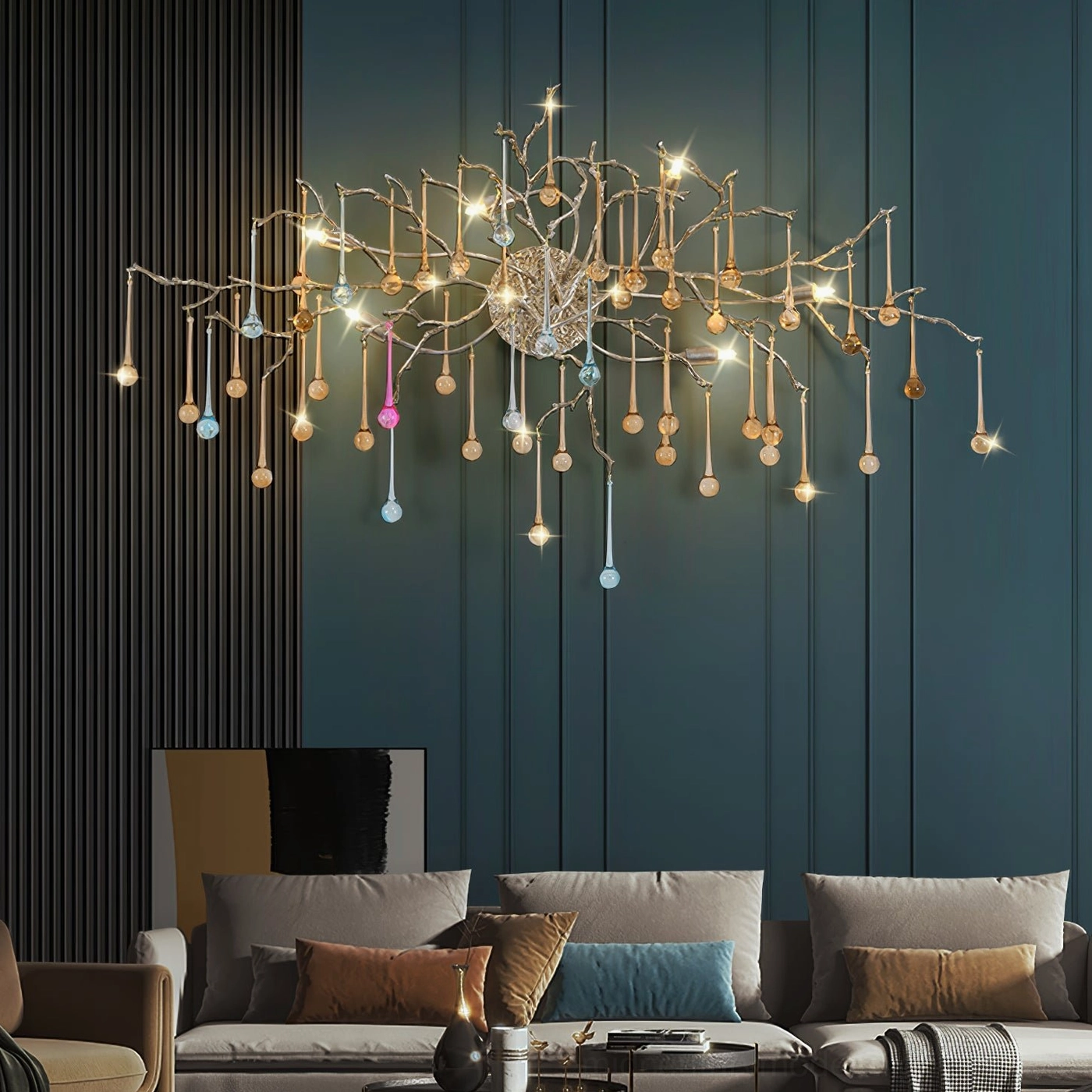 Bijout wall lamp multiple bulbs illuminated in modern living room with dark teal wall panels