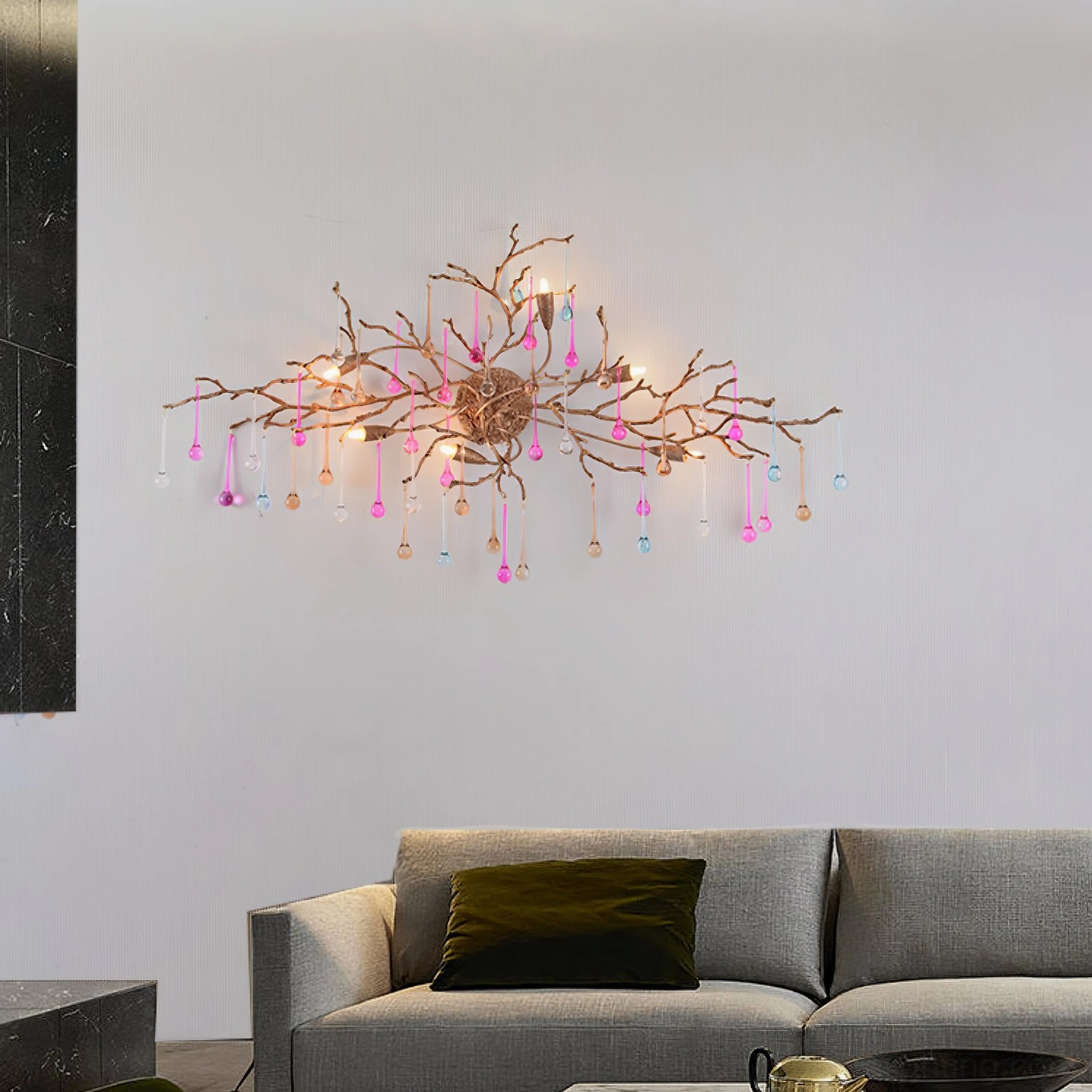 Bijout wall lamp with pastel glass drops mounted in minimalist living room above gray sofa