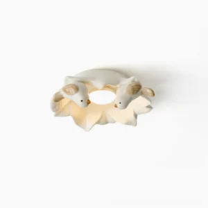 Bilal Bird ceramic ceiling light top-down view showing dual bird figurines on flower-shaped frame with off-white matte finish