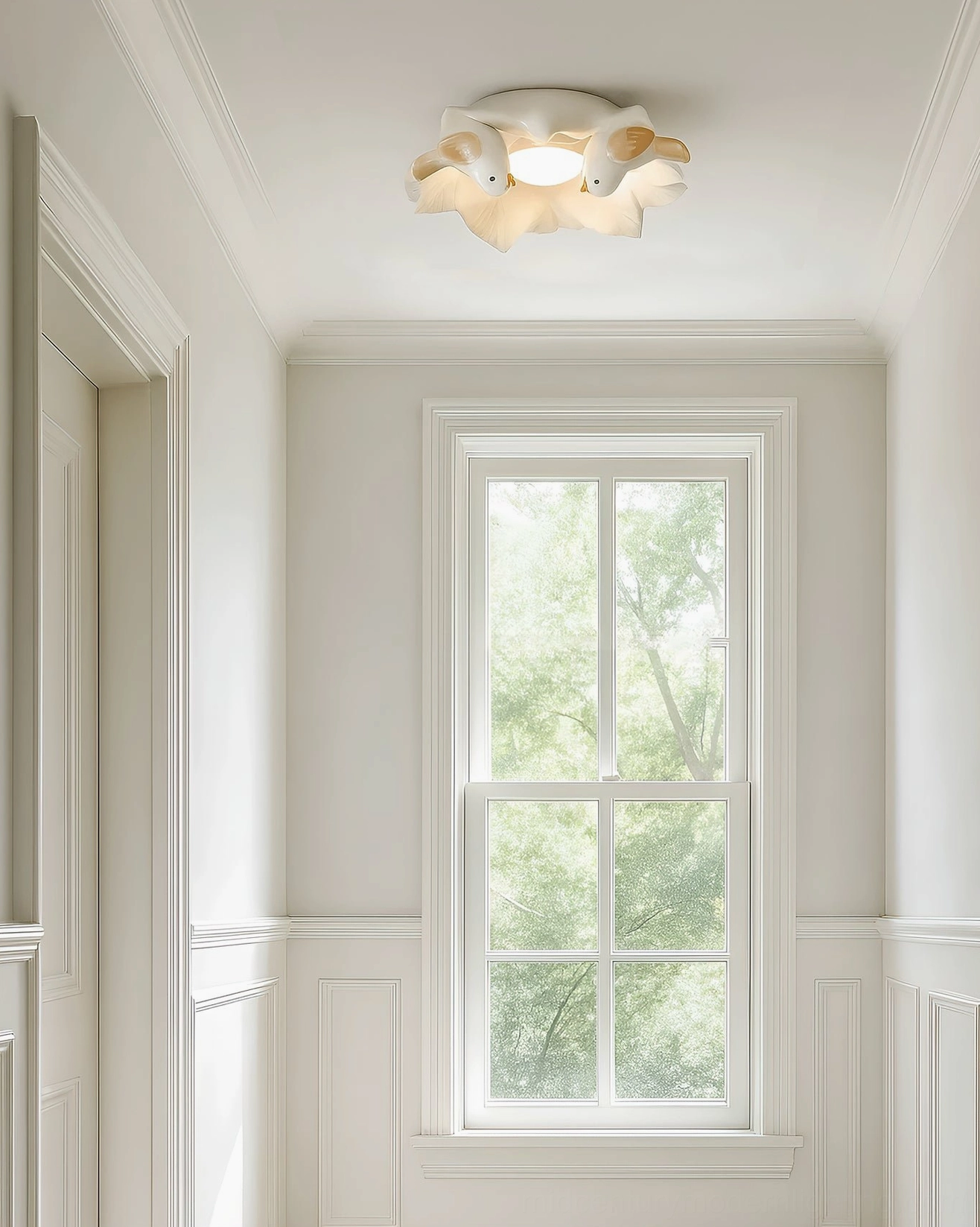 Bilal Bird ceiling light fixture in contemporary minimalist bedroom with neutral walls and natural window light