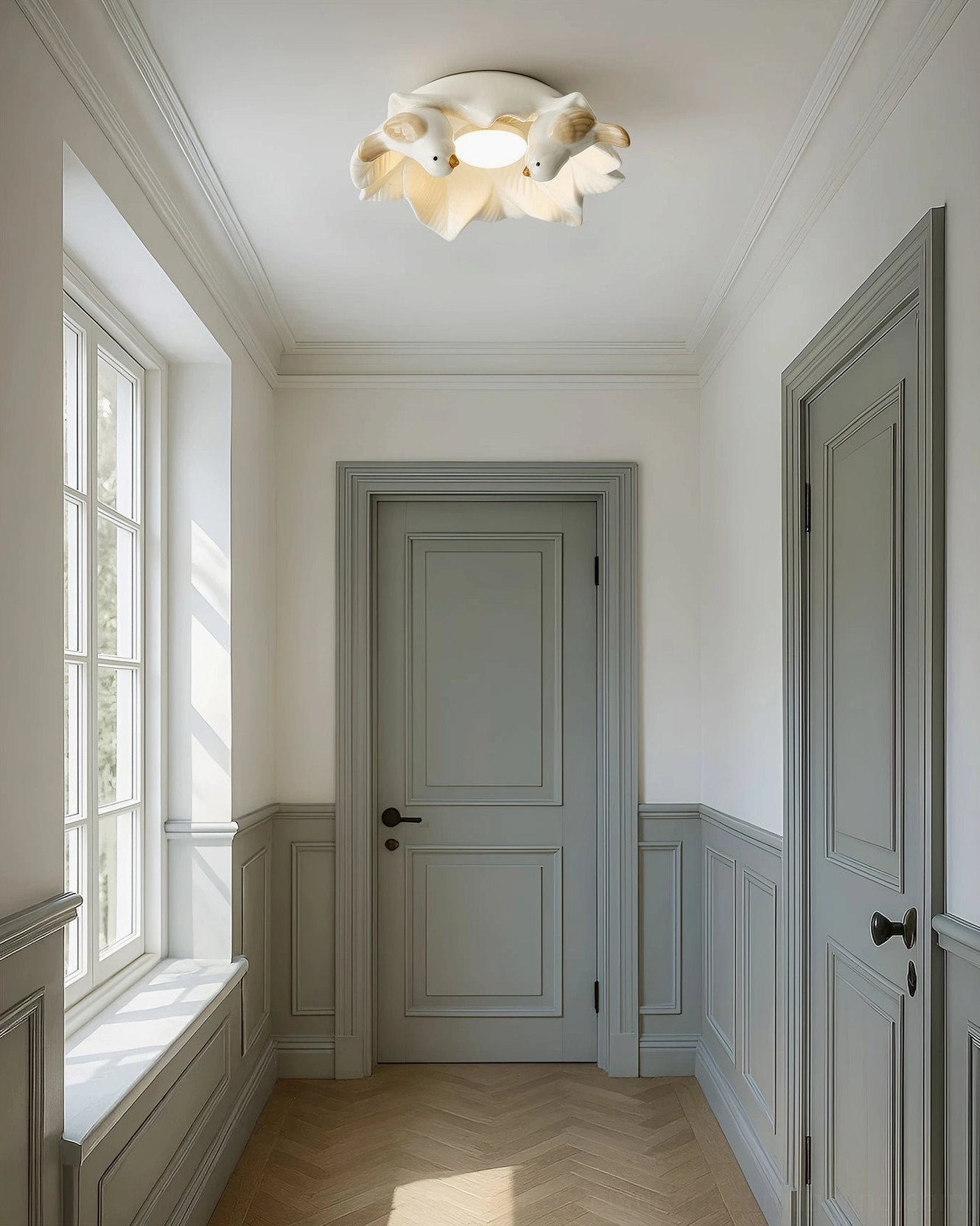 Bilal Bird ceramic ceiling light in traditional neutral home hallway with double doors showcasing versatile design