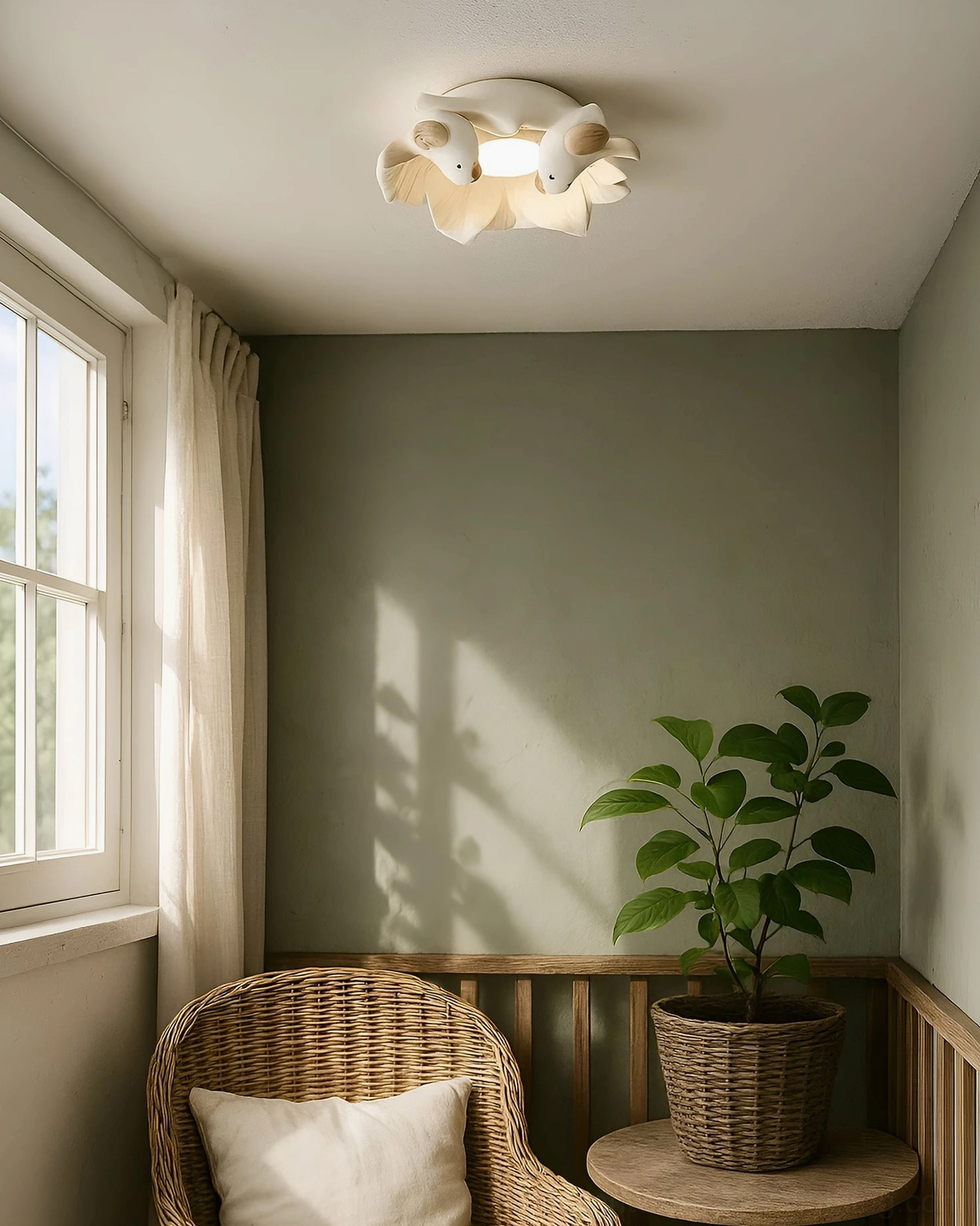Bilal Bird ceramic light installed above cozy sitting area with warm sage green walls and natural décor