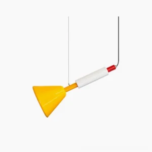 Billy cone pendant light side view - yellow cone with red and white accents on white background