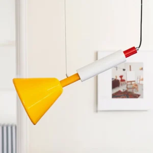 Billy mid-century modern pendant lamp overhead view - geometric cone design in yellow, white, and red