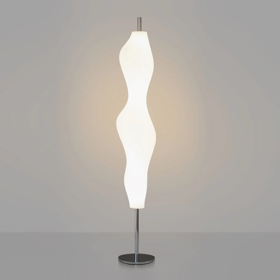 White biomorphic floor lamp complete product view with metal base and curved diffuser