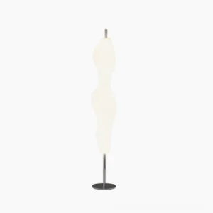 Biomorphic white floor lamp with curved organic design, front view on minimalist white background