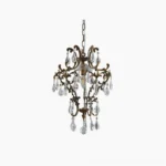 Antique birdcage crystal pendant light with ornate brass scrollwork and clear teardrop crystal drops, frontal overhead studio view