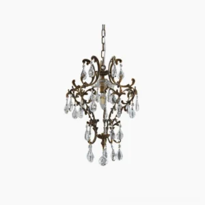 Antique birdcage crystal pendant light with ornate brass scrollwork and clear teardrop crystal drops, frontal overhead studio view