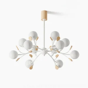 Birdle Branch Chandelier front view - white metal frame with frosted glass spherical shades in minimalist Scandinavian style
