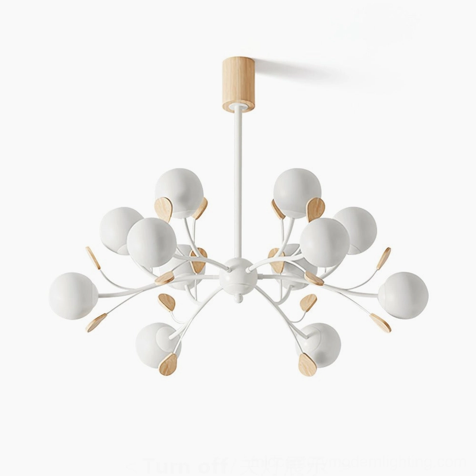 Birdle Branch Chandelier front view - white metal frame with frosted glass spherical shades in minimalist Scandinavian style