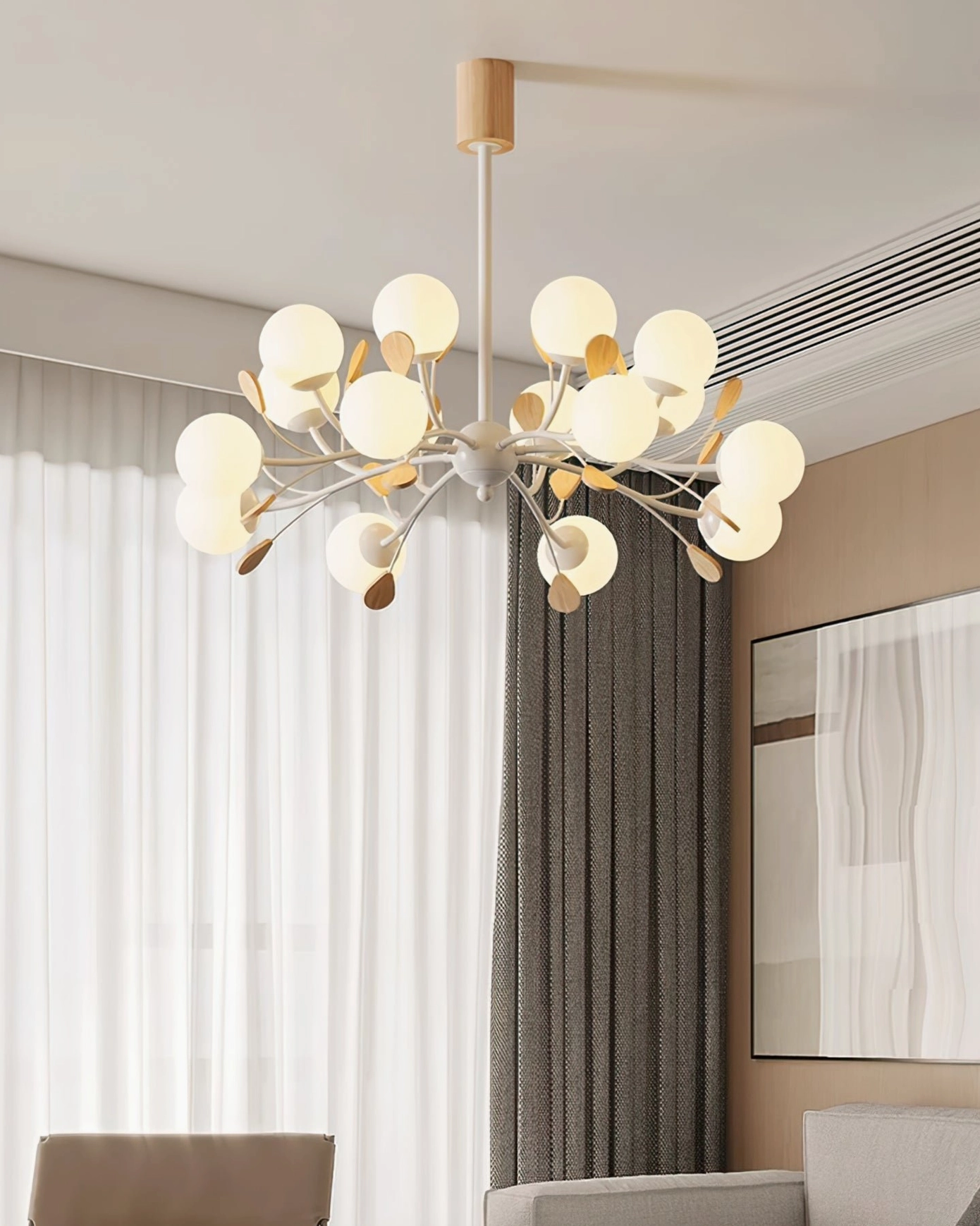 Birdle Chandelier assembly and installation detail showing suspension rod configuration