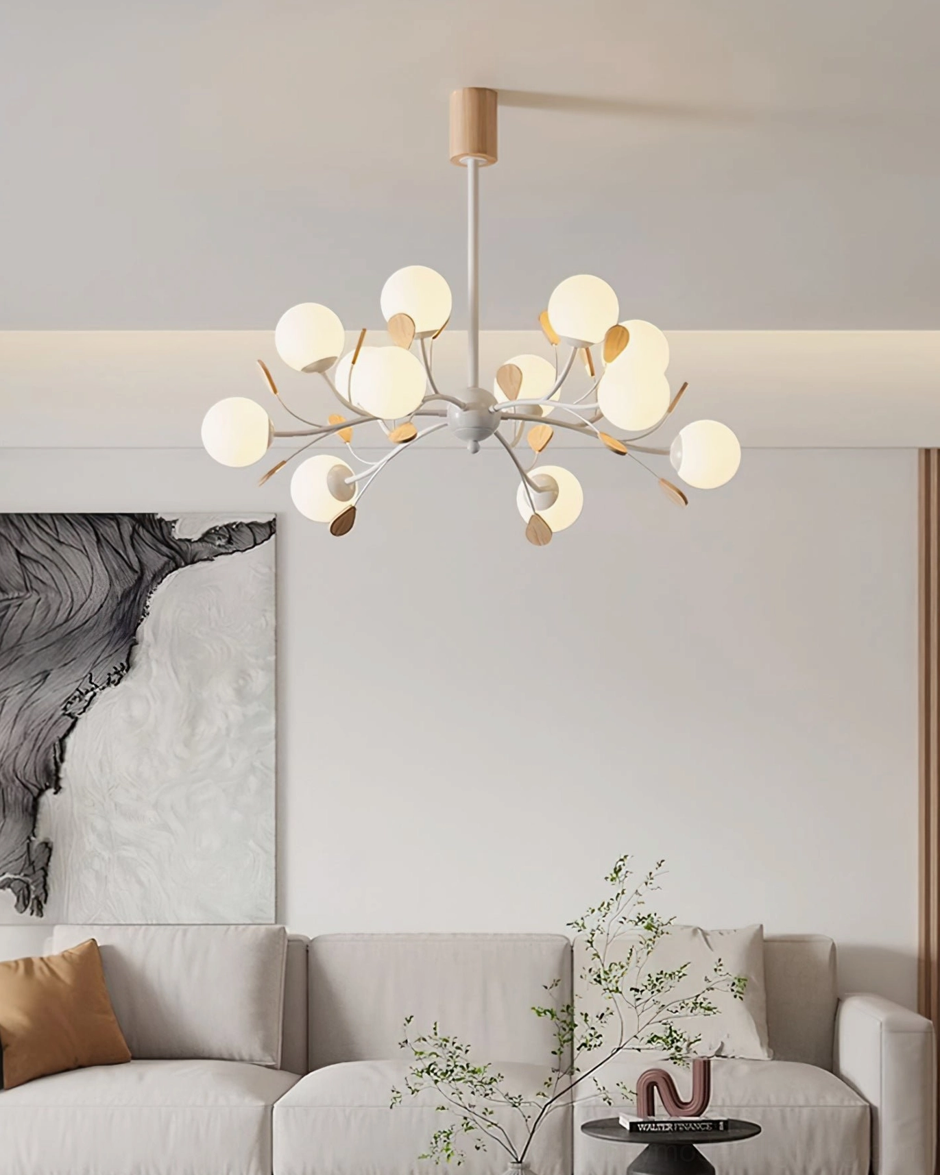 Birdle Branch Chandelier dimensional view showcasing sphere arrangement and scale in room setting