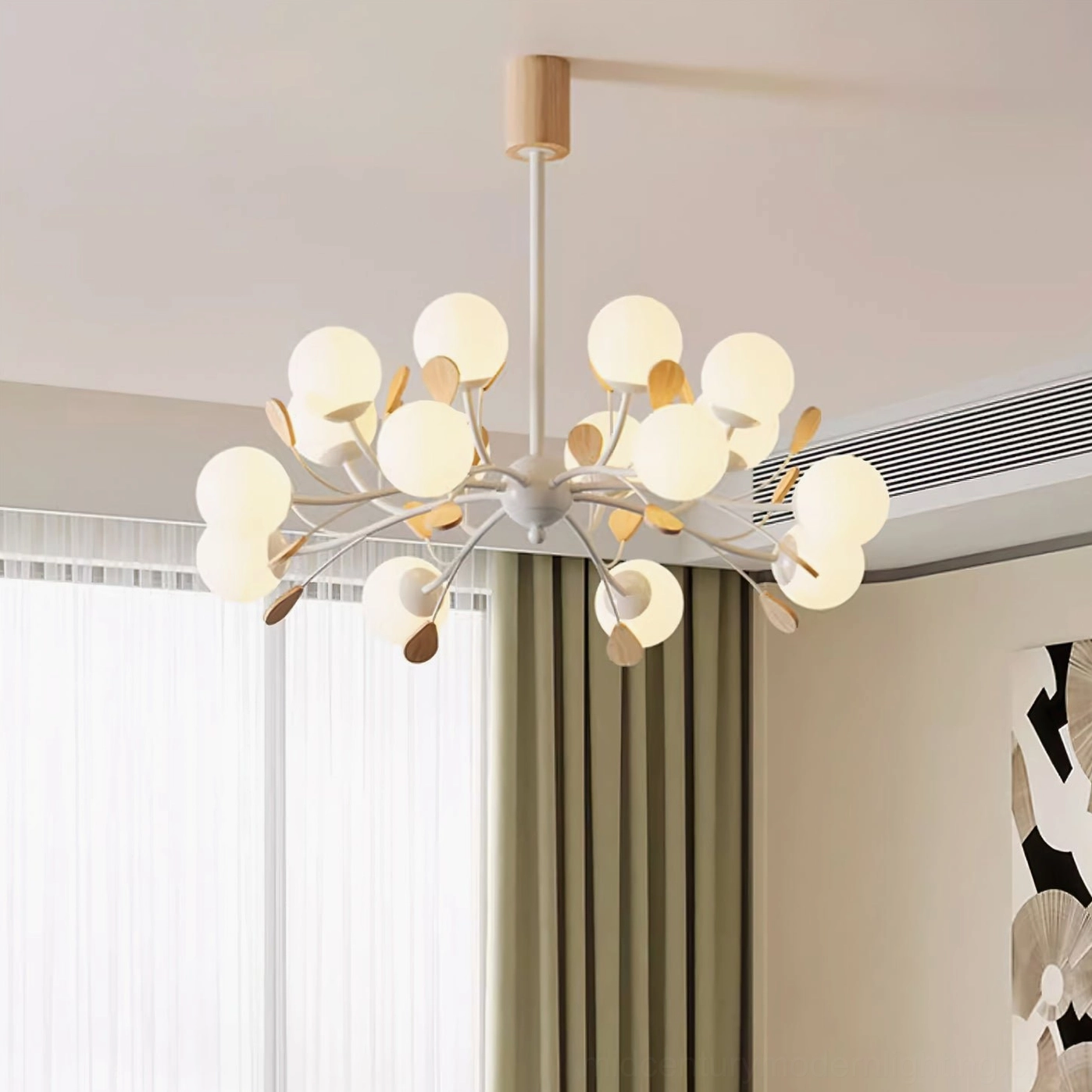 Birdle Branch Chandelier overhead angled view in modern Nordic minimalist living room setting