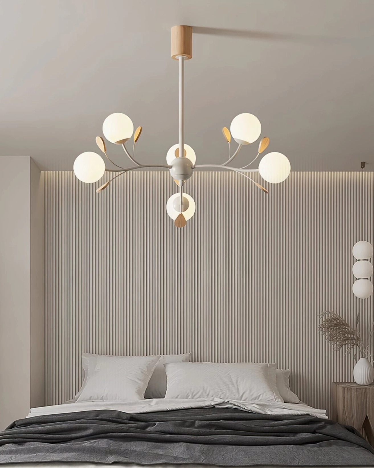 Birdle Chandelier color finish detail showing white metal and natural wood tone combination