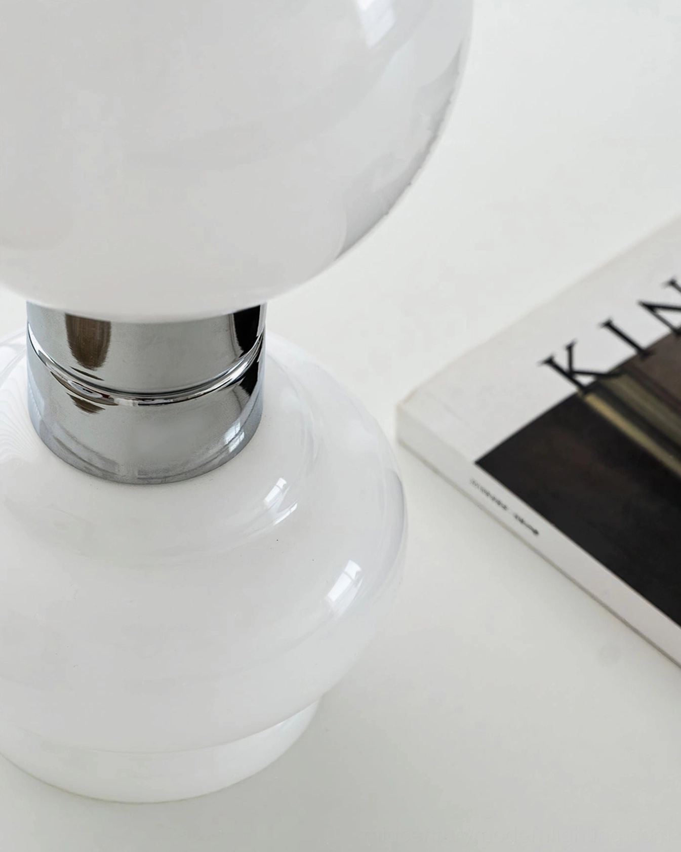 Birillo table lamp close-up detail chrome metal connector frosted glass finish