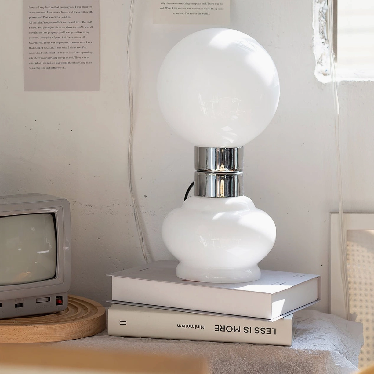 Birillo table lamp styled in vintage home interior with retro television and books