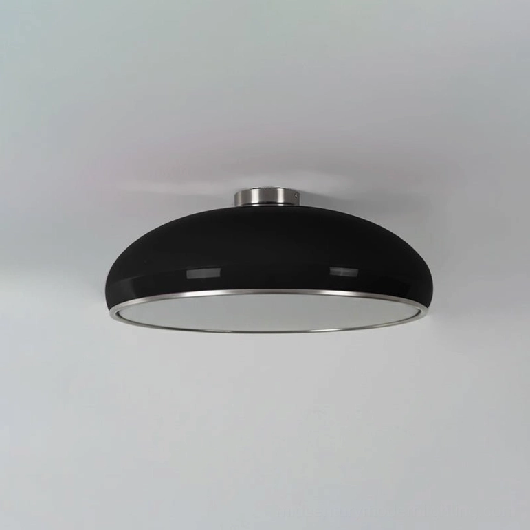 Matte black Aicia semi-flush ceiling light with polished chrome rim and mounting base, product close-up on white background