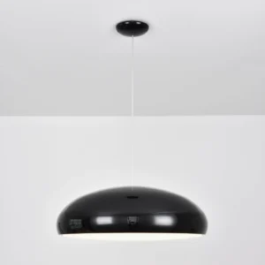 Black glossy dome pendant light front hanging shot mid-century modern fixture