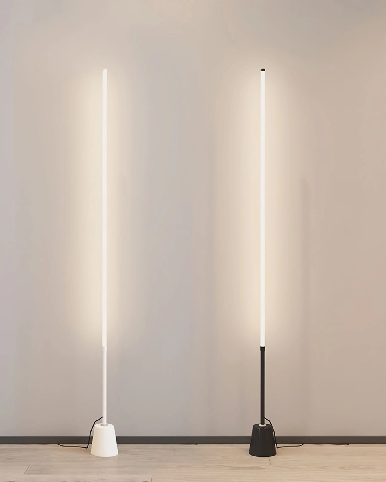 Two Pipeline LED floor lamps side by side, one with white base and one with black base, dual finish comparison