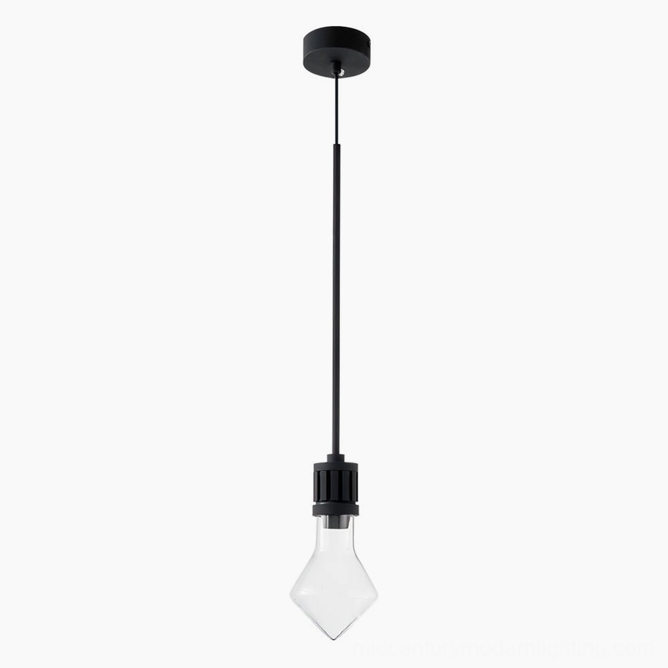 Contemporary diamond-shaped glass pendant lamp in black finish shown on white background with warm LED illumination