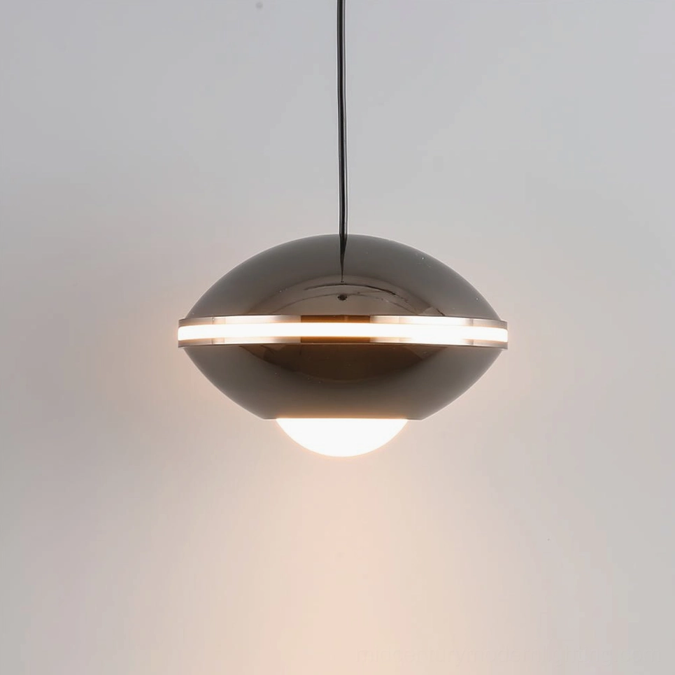 Modern black disc pendant light in contemporary interior, sculptural metal shade design