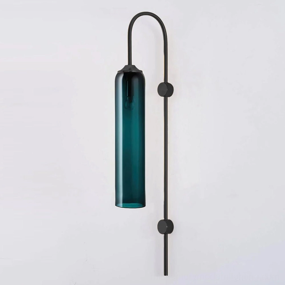 Black metal frame cylindrical glass wall sconce with contemporary minimalist architectural presence