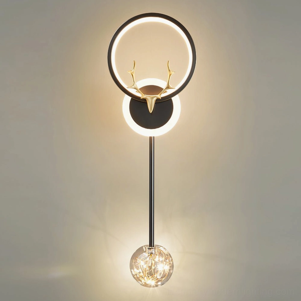 Black and gold antler wall sconce with integrated LED light source, three-color temperature control