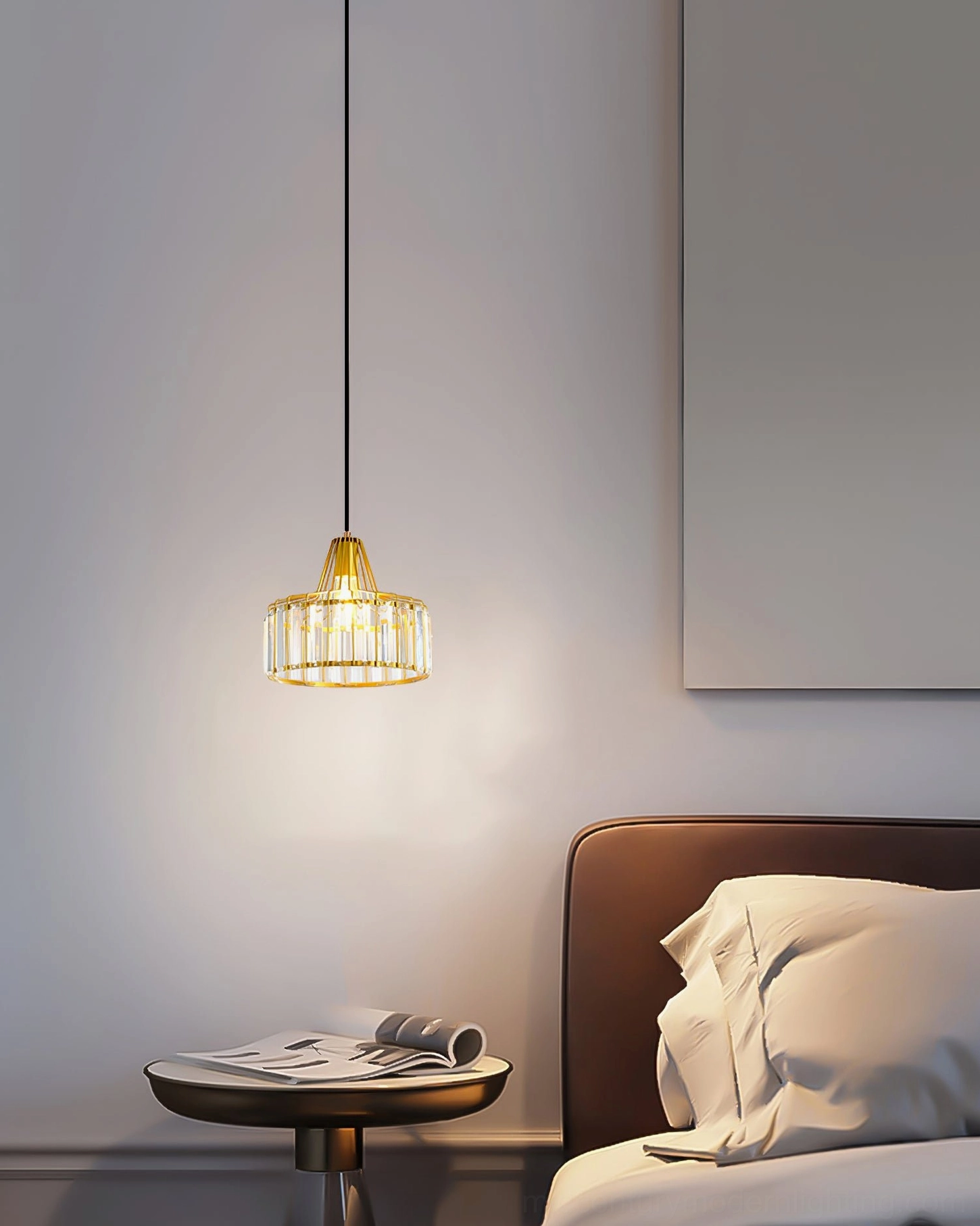 Black and gold crystal pendant lights comparison in modern minimalist interior design space
