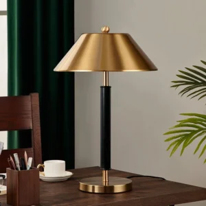 Contemporary table lamp styled in home office with stationery and coffee, mid-century modern design