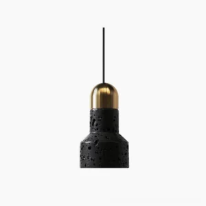 Black hole stone pendant light with brass gold metal cap, front view on white background showing porous volcanic stone texture