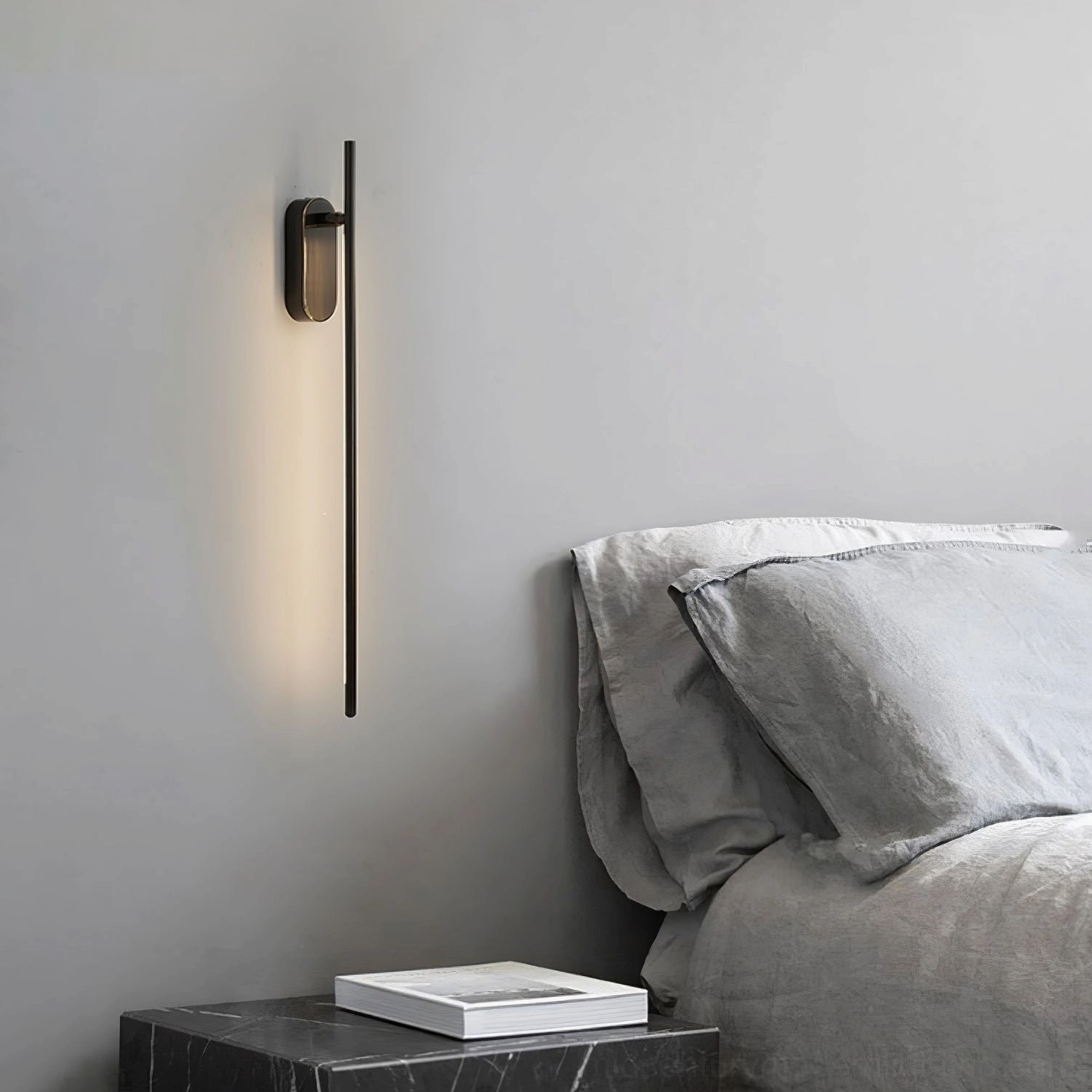 Black linear wall sconce mid-century modern bedroom interior design