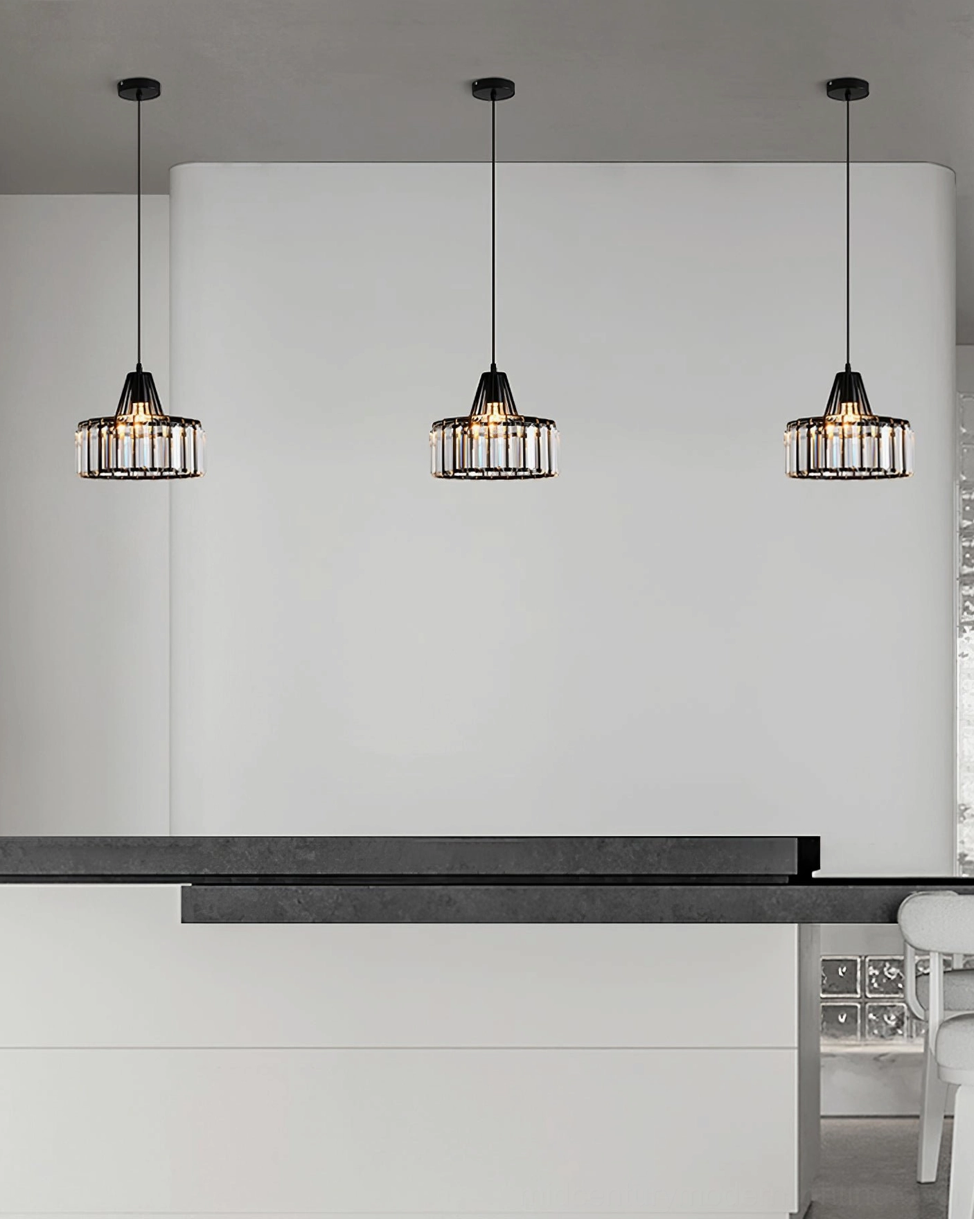 Black metal frame crystal pendant lamp creating elegant focal point in modern interior