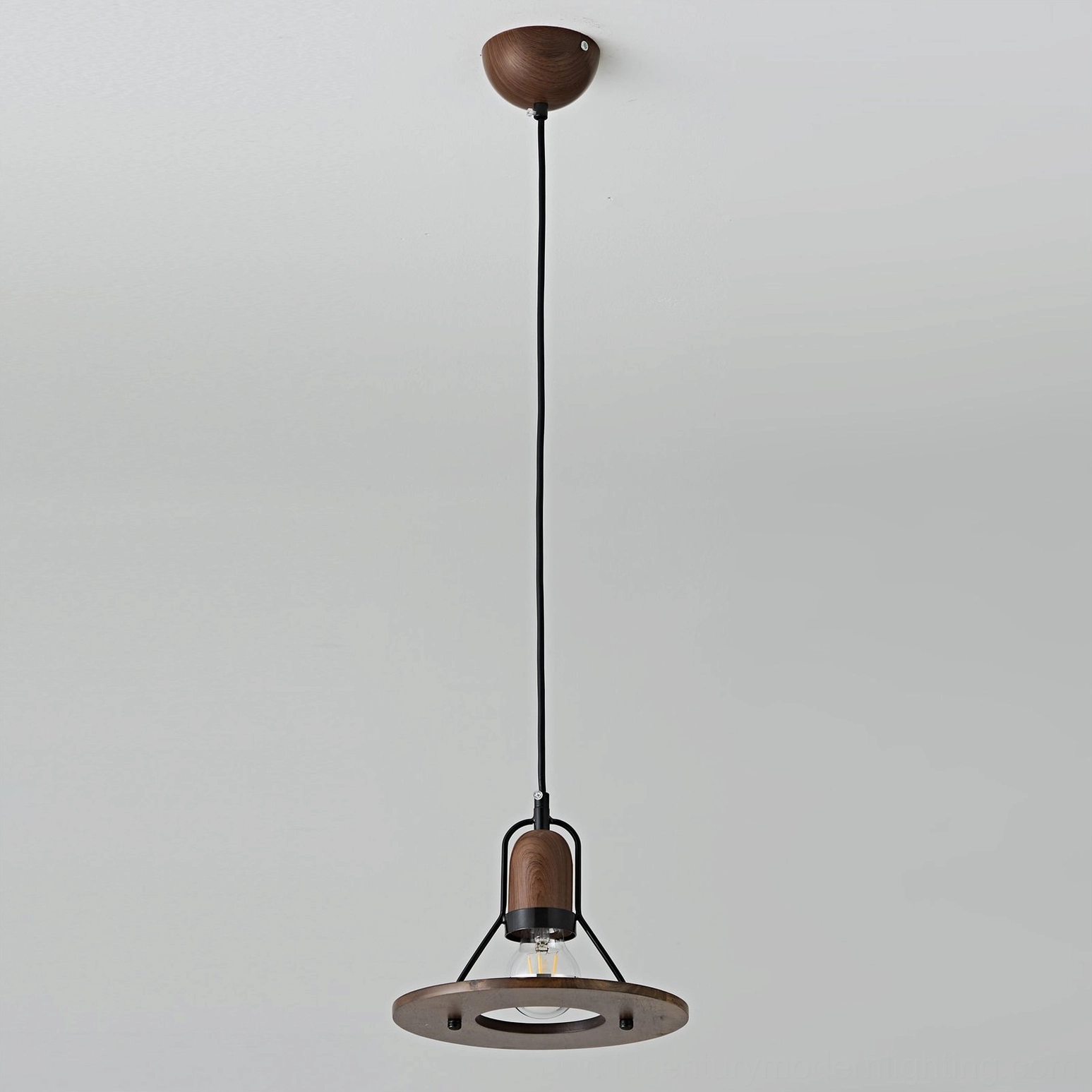 Black metal pendant lamp fixture with walnut wood details, mid-century modern ceiling light design