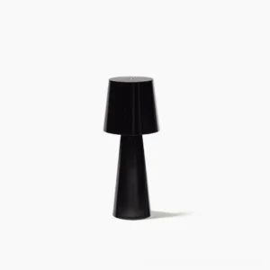 Black minimalist rechargeable table lamp with conical metal base and tapered shade, front studio view