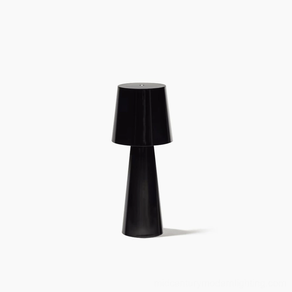 Black minimalist rechargeable table lamp with conical metal base and tapered shade, front studio view