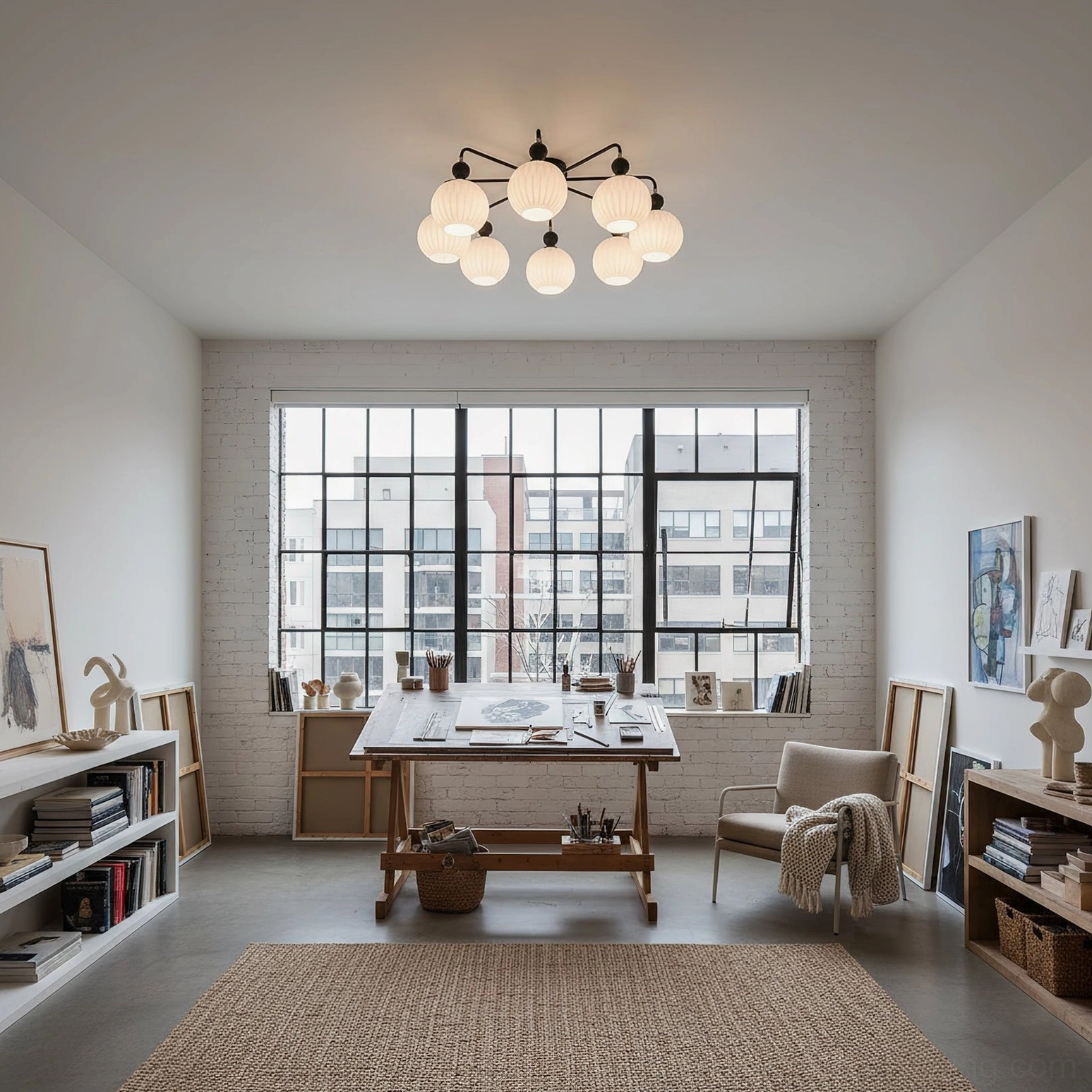 Matte black mid-century modern ceiling light fixture showing glass shade design
