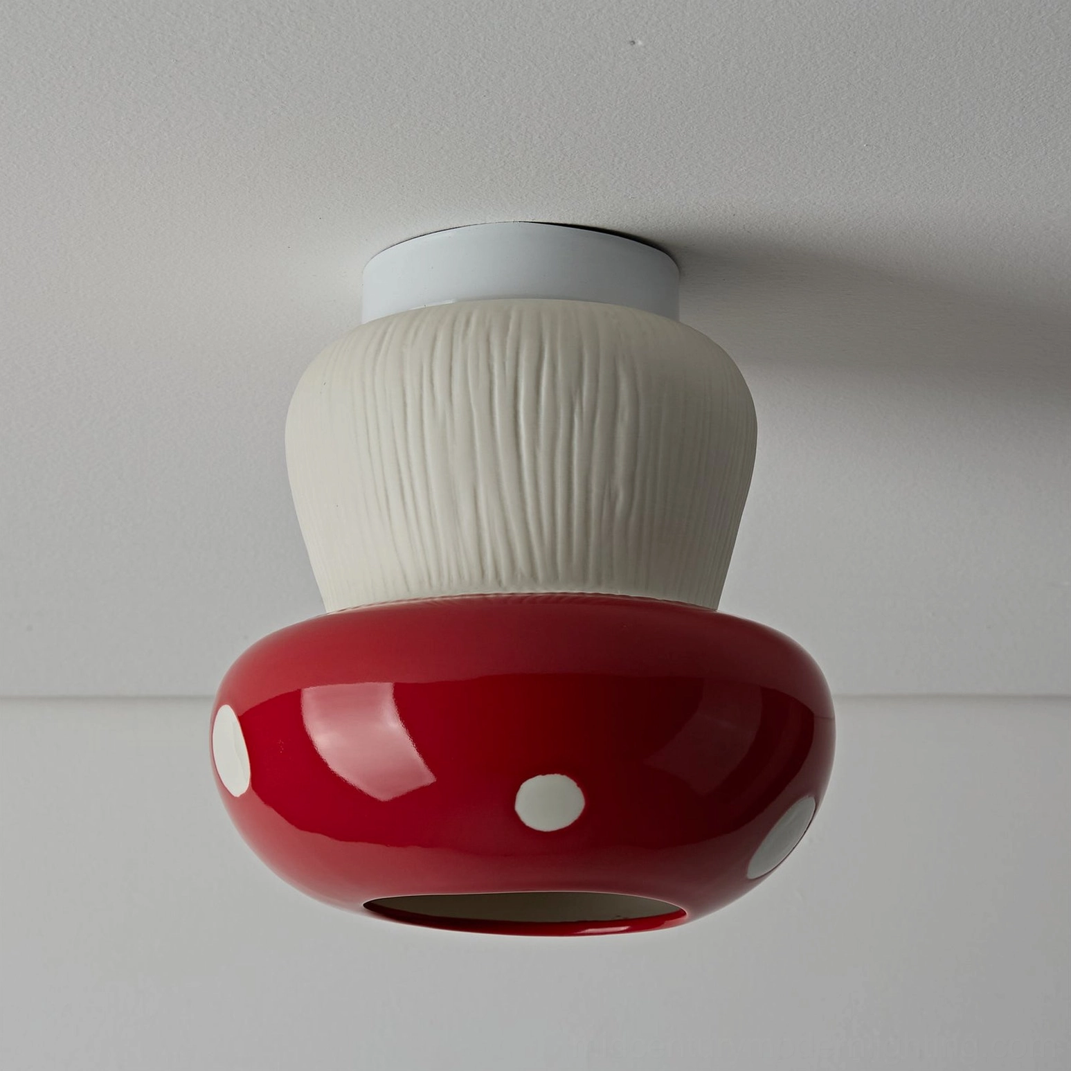 Large black mushroom ceiling light with prominent textured stem and glossy cap finish