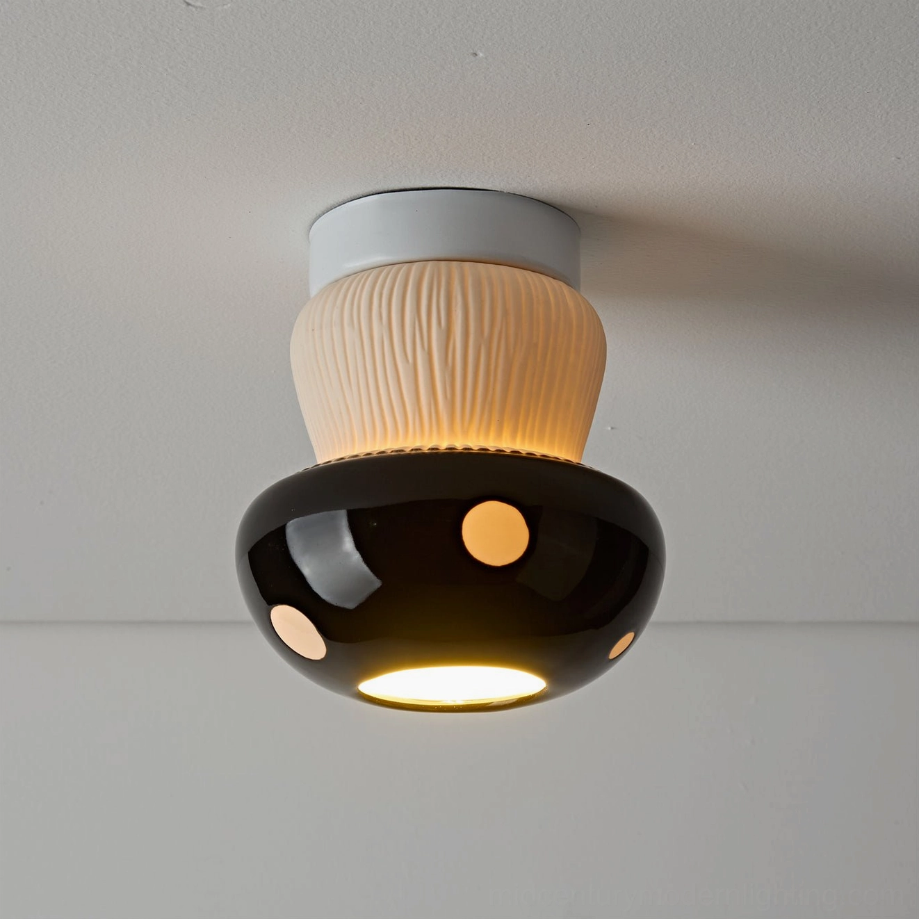 Overhead static view of black mushroom ceiling light with single centered beige dot detail