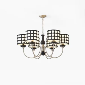 Black polka dot chandelier with gold metal frame and walnut wood accents, studio front view showcasing 6-light configuration