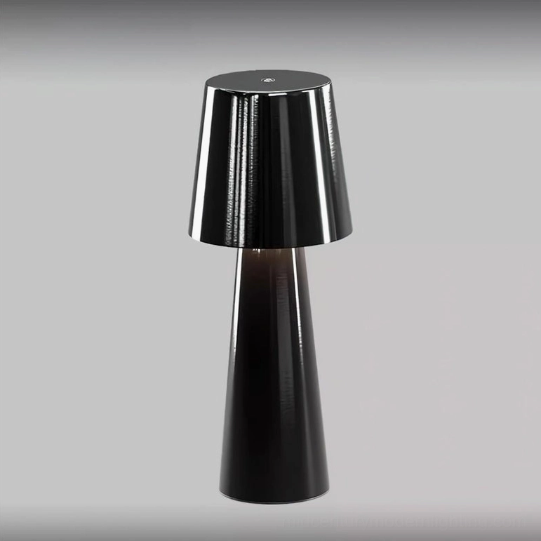 Black rechargeable table lamp with tapered shade modern geometric silhouette