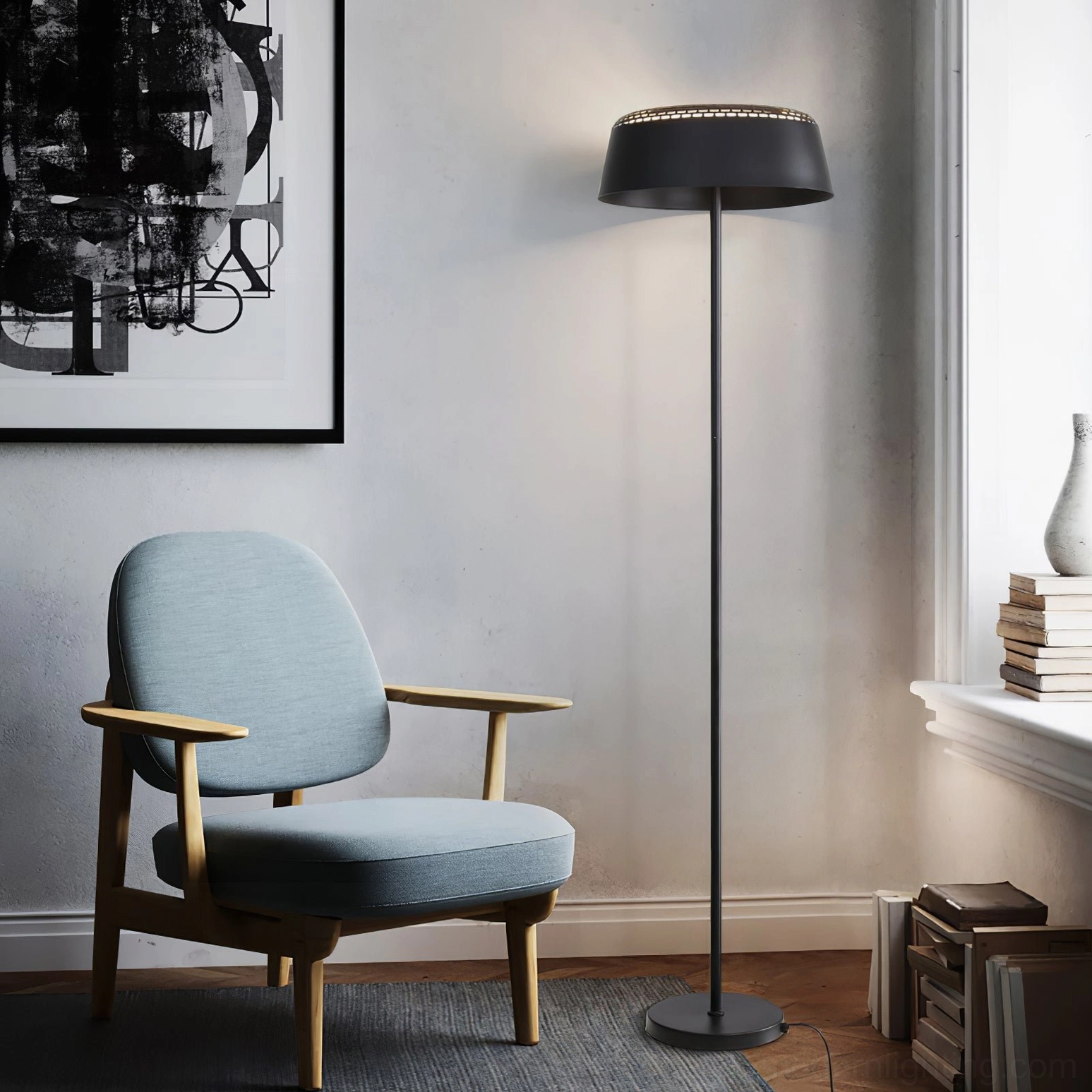 Black ring floor lamp wooden chair modern minimalist dark interior