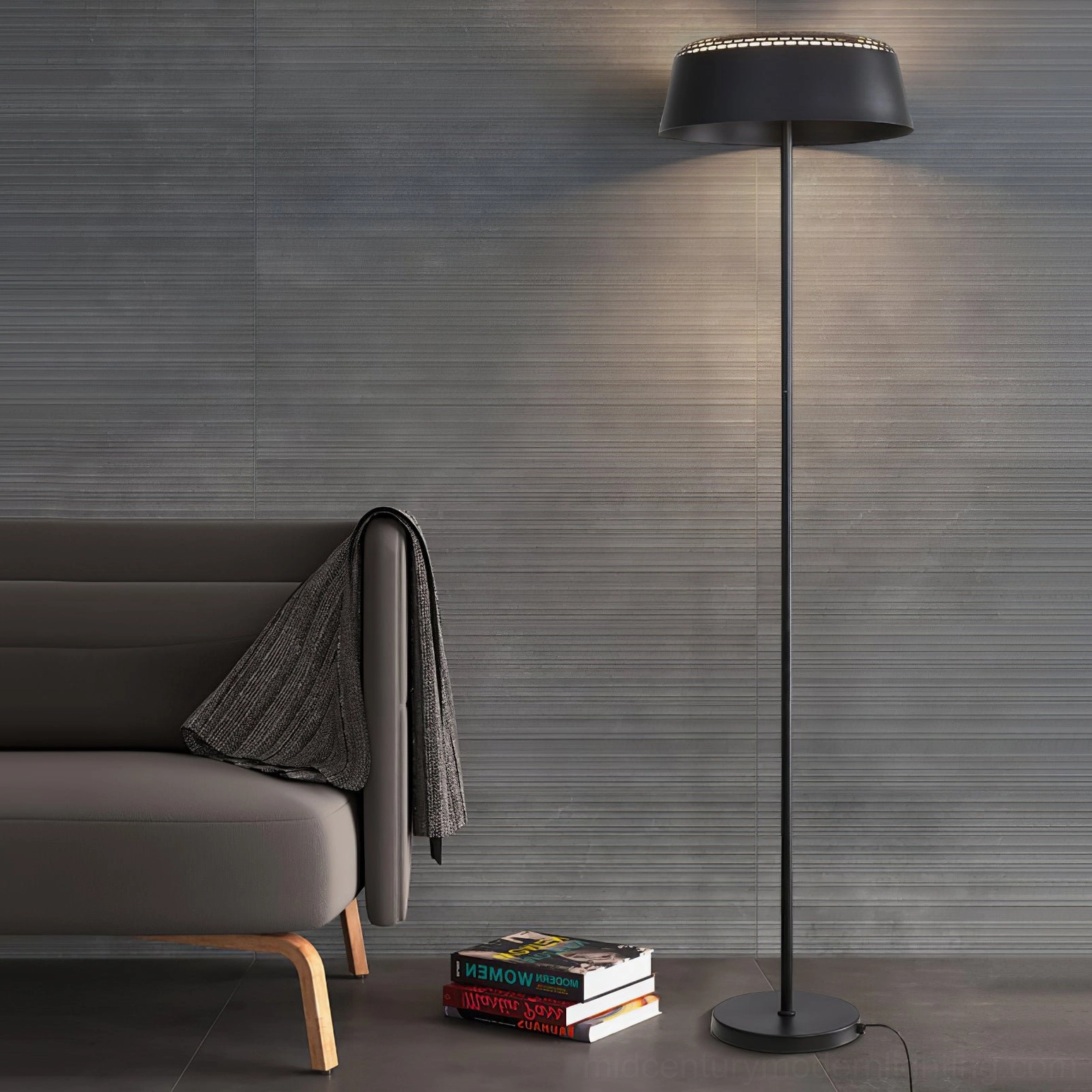 Black ring floor lamp living room grey sofa modern minimal decor