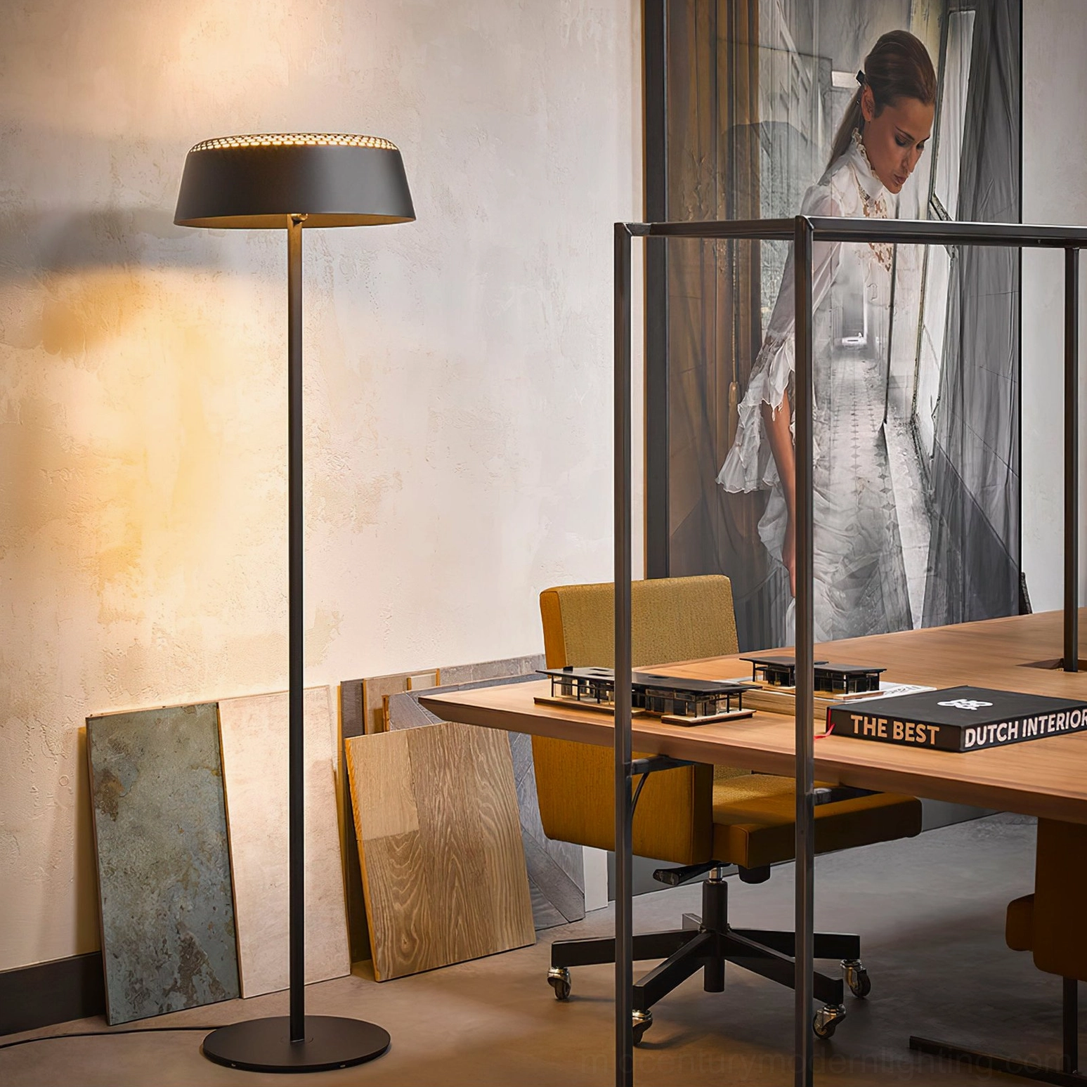 Black ring floor lamp home office perforated shade modern workspace