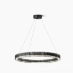 Meyda black metal ring pendant chandelier top view, circular geometric design with ribbed smoked glass diffuser