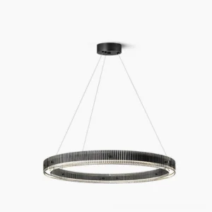 Meyda black metal ring pendant chandelier top view, circular geometric design with ribbed smoked glass diffuser