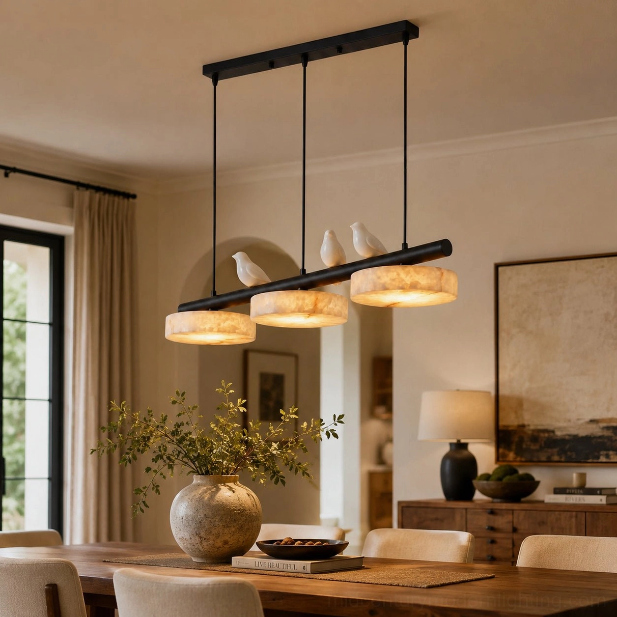 Black metal linear chandelier with alabaster shades and bird ornaments in contemporary neutral space
