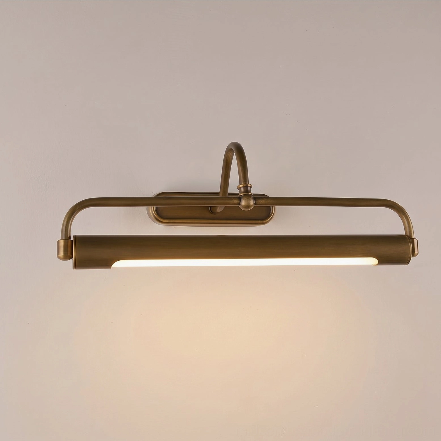 Black gooseneck wall sconce styled in modern interior, integrated LED downward illumination